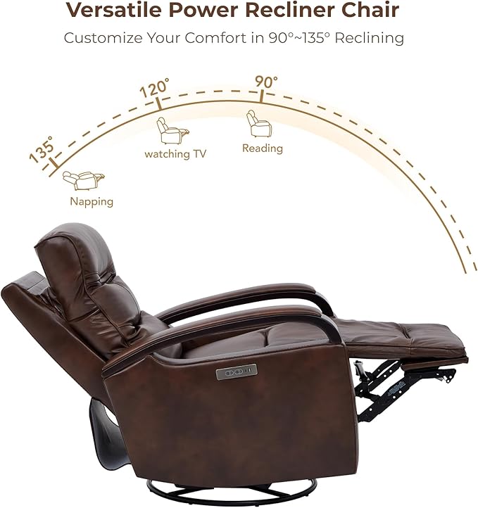 CHITA Genuine Leather Power Swivel Glider Rocker Recliner FSC Certified Mid Century Modern Recliner Chair for Adults Adjustable Power Headrest for Nursery and Living Room Cognac Brown