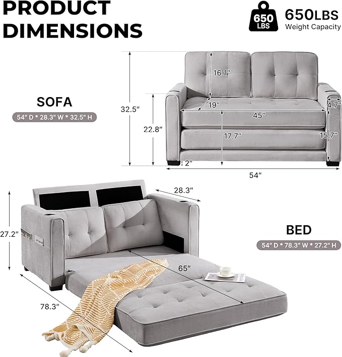 Convertible Sofa Bed Pull Out Loveseat Sleeper CouchLinen Fabric 2 in 1 Folding Couch Bed Fold Out Floor Futon Couches with Cup Holder for Living Room BedroomSmall Space Light Grey