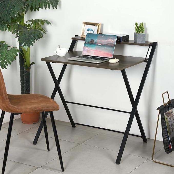FurnitureR 32'' Folding Desk No Assembly Required Desk 2 Tier Computer Desk for Study Home Office Portable Foldable Laptop Table with Metal Frames/Wood Top Rustic Brown