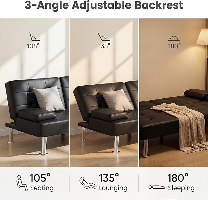 YESHOMY Modern Futon Sofa Bed Convertible Futon Couch with Adjustable Backrest Futon Loveseat Sleeper Sofa Bed with Armrest for Living Room Small SpacesPU Leather Black