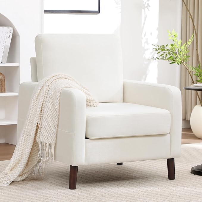 Accent Chair Set of 2 Upholstered Living Room Chairs with Wood Legs and Side Pockets Modern Reading Chair for Bedroom Armchair Single Sofa Side Chair for Office Small Room White
