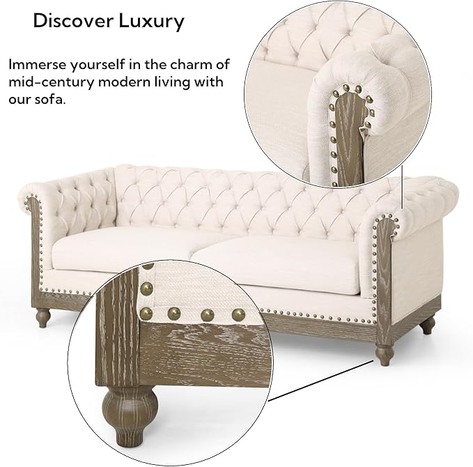 Merax Chesterfield Sofa Retro Style Upholstered 3 Seater Rolled Arm Couch for Living Room Bedroom Office Beige