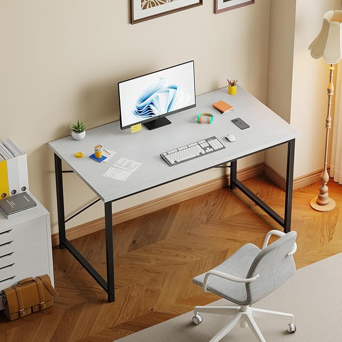 NEWBULIG 47.2” Computer Desk White Office Writing Desks Compact Study Table Student Bedroom Home Work PC Workstations with Metal Frame Wood Tabletop Small Spaces