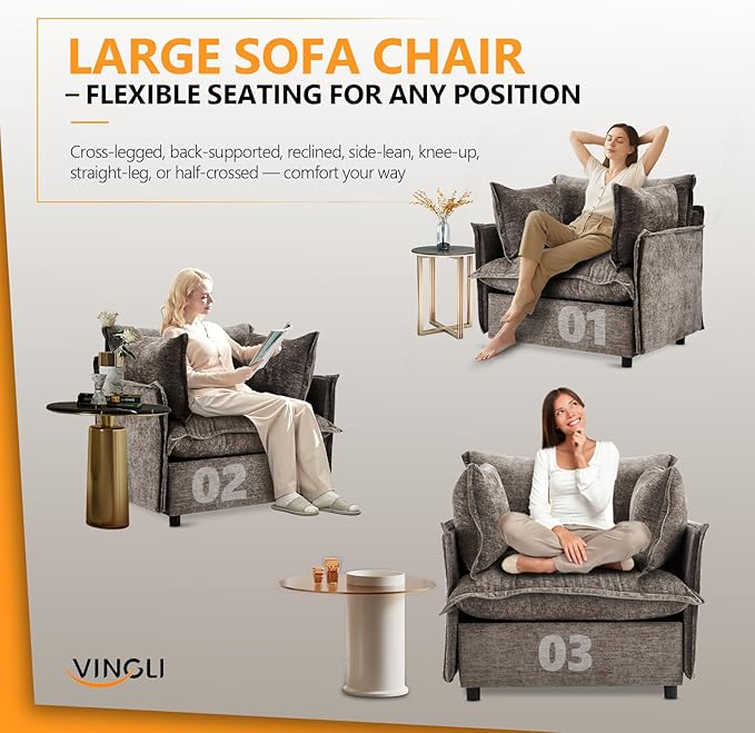 VINGLI Taupe Accent Chair 34 Width Oversized Reading Chair Upholstered Armchair Soft Chenille Fabric Living Room Chairs Sofa for Adults Bedroom Home Office Play Room