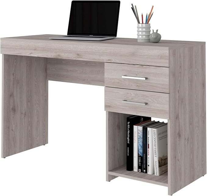 Austin Writing Computer Desk with Two Drawers and Open Shelf - Modern Home Office Desk for Small Spaces - Gray