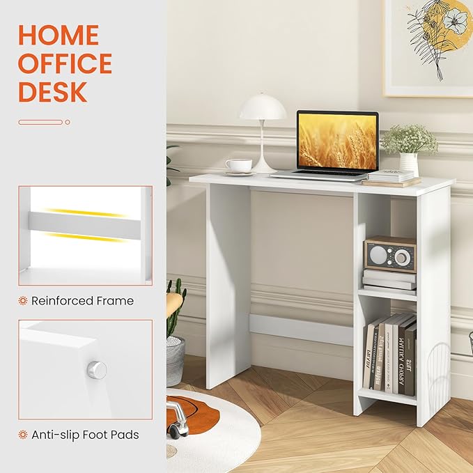 Giantex Small White Desk Compact Study Writing Desk with 3-Position Adjustable Shelf Anti-Toppling Kit Modern PC Laptop Table Home Office Computer Workstation for Small Space Bedroom Dorm