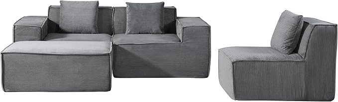 Rowan Convertible Corduroy Sectional Couch with Ottoman &amp Pillows Modular L Shaped Sleeper Sofa Boneless Cloud Couch for Living Room Furniture Dark Grey