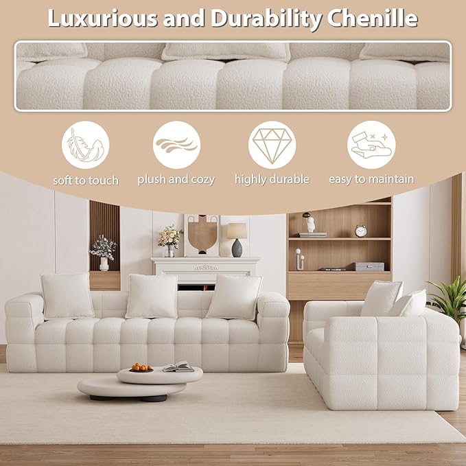 Chenille Cloud Sofa Couch Set with 5 Soft PillowsComfy Upholstered LoveSeat Sofa SetModern Deep Seat Sherpa Cloud Couch Oversized Love Seat for Living RoomBeige White
