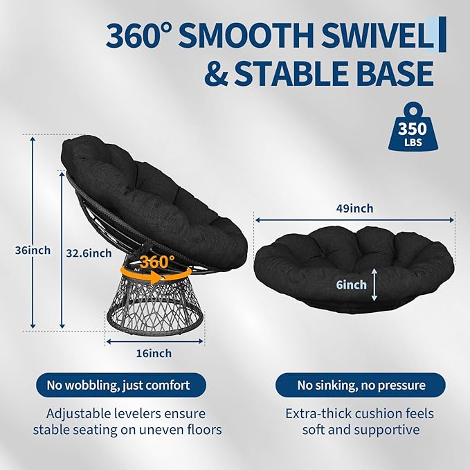 Garvee Papasan Chair 37 Ergonomic Wicker Papasan Chair with Extra-Thick Soft Fabric Cushion Heavy-Duty Steel Frame 360° Swivel Base for Living Room Bedroom &amp Reading Nook – All Black