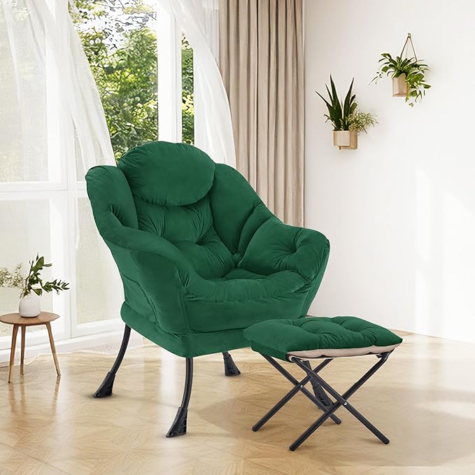 Lazy Chair with OttomanOversized Accent Chair with Thick Cushion Side PocketModern Lounge Arm Reading Chair and Folding Footrest for Living RoomBedroomOfficeDormApartment Green