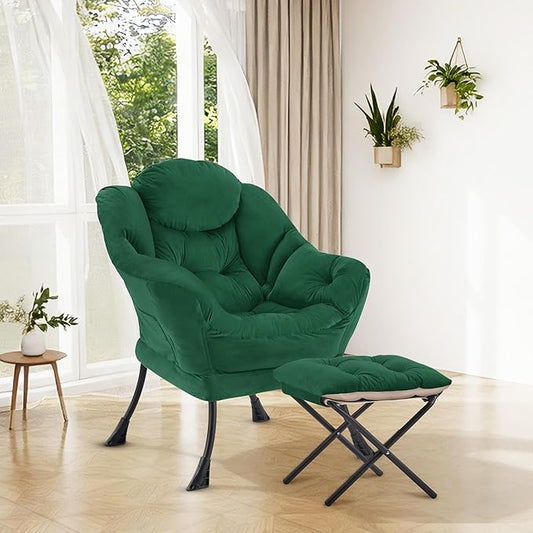 Lazy Chair with OttomanOversized Accent Chair with Thick Cushion Side PocketModern Lounge Arm Reading Chair and Folding Footrest for Living RoomBedroomOfficeDormApartment Green