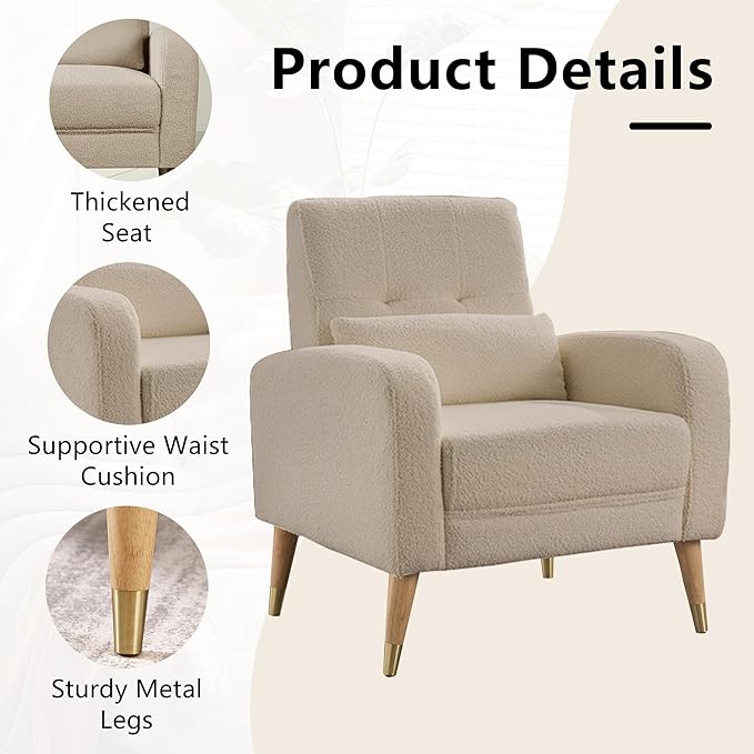 Dolonm Mid-Century Modern Accent Chair Upholstered Armchair Living Room Chair Comfy Single Sofa Chair with Sturdy Legs Polyester Fabric Chair for Living Room Bedroom Camel