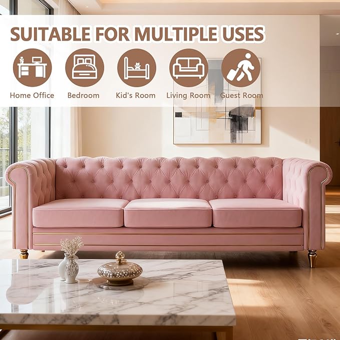 84 Velvet Sofa with Gold Legs Luxury Tufted Couch for Living Room Chesterfield Sofa with Thick Cushion Wide Armrest High-Density Foam Gold Strip Trim (Pink)
