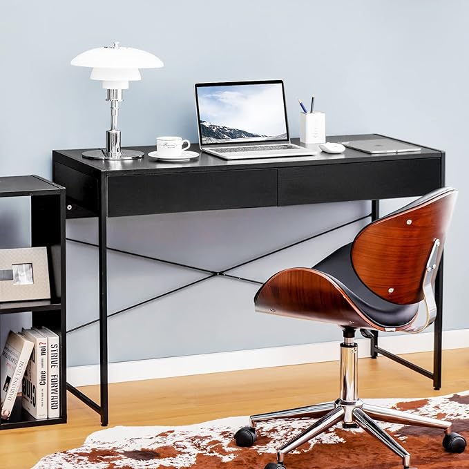 Tangkula Computer Desk with 2 Drawers Simple Wooden Study Writing Desk with Steel Frame 44 Inches Laptop PC Workstation Student Desk Home Office Desk Ideal for Bedroom &amp Office (Black)