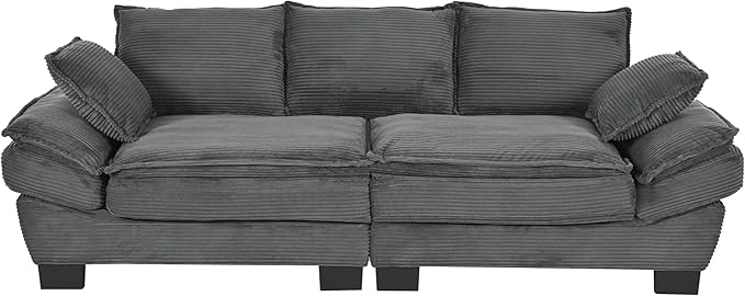 Merax 85.4 Modern Curved Corduroy Fabric Sofa Back Upholstered Couch with 2 Decorative Throw Pillows for Living Room Bedroom Apartment Gray