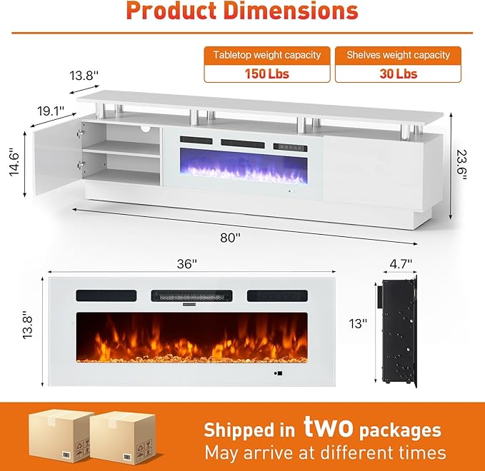 MXV 80 Fireplace TV Stand Modern Entertainment Center &amp 36 Inch Electric Fireplace with Remote Control LED Light Fire Place Tv Stand for Living Room for TVs up to 90 White + White