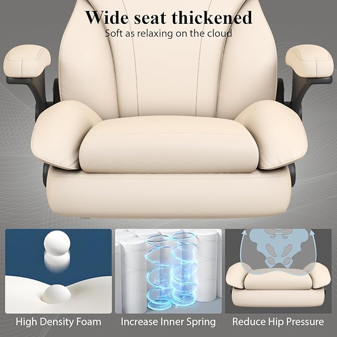 Office Desk Chair Executive Leather Office Chair High Back Ergonomic Home Desk Chair with Padded Flip-up Arms Big and Tall Computer Chair with Rocking Function 360°Swivel Free Beige