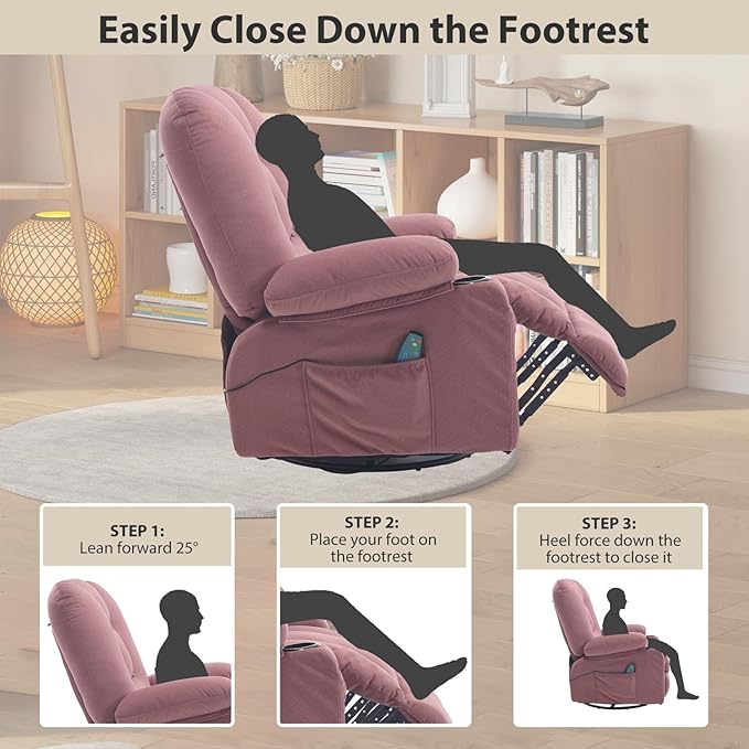Rocker Recliner Chairs for Adults Swivel Recliners with Massage and Heat Fabric Overstuffed Glider with Cup Holder Rocking Nursery Chair Manual Reclining Single Sofa for Living RoomPink