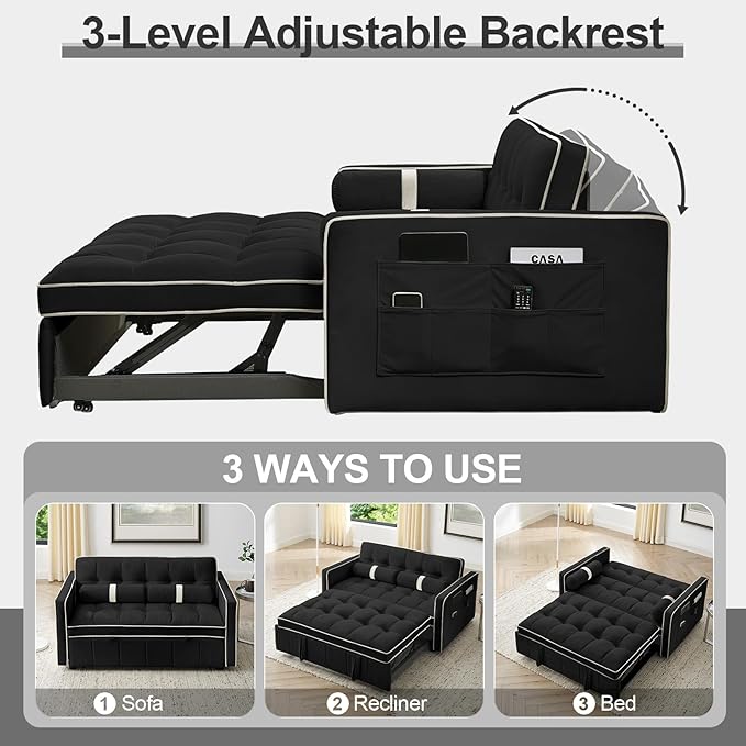 3-in-1 Convertible Sleeper Sofa Bed55.5 Modern Tufted Velvet Pull Out Couch BedFuton Small Love Seat Sofa with Adjustable Backrest&ampCylinder Pillows for Living RoomApartmentSmall Places(Black)