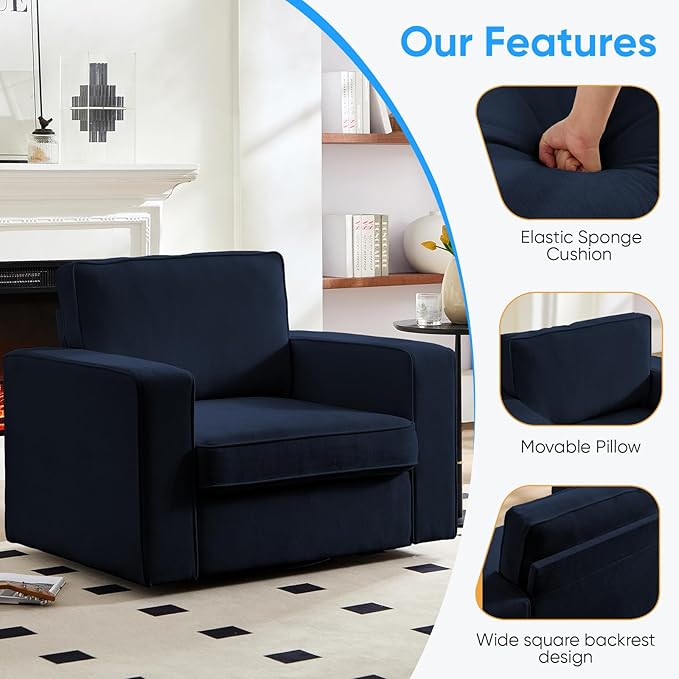 PUREMIND 360° Swivel Accent Chair Wide Upholstered Arm Chair with Wide Armrests Modern Square Sofa Living Room Chair for Bedroom Corner Reading Blue