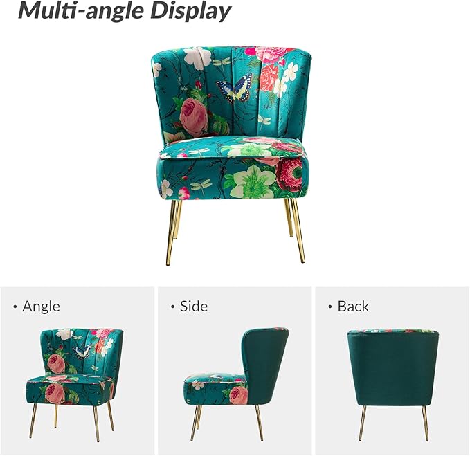 HULALA HOME Accent Chair with Golden Metal Legs Comfy Tufted Wingback Living Room Chair Floral Fabric Small Armless Side Chair Upholstered Slipper Chair for Bedroom Reading Room Flower Print