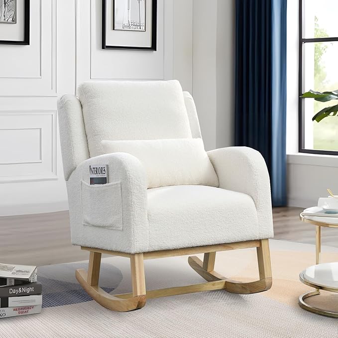 Antetek Rocking Glider Chair for Nursery Wingback Accent Rocker Chair Upholstered Tall Back Arm Chair w/Side Pockets Modern Leisure Single Sofa for Living Room Hotel Bedroom Baby Room Cream