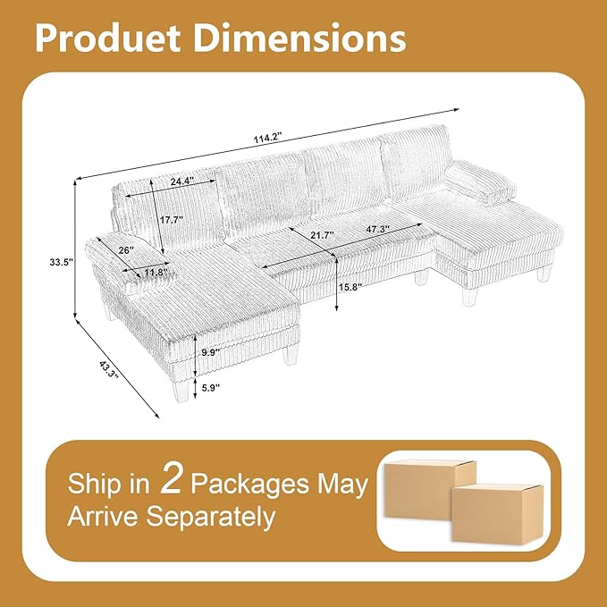114.2” W Corduroy Sectional Sofa for Living Room U-Shaped Couch with Double Chaises and Comfortable Backrest Modern 4-Seater Deep Cloud Sofa (Black)