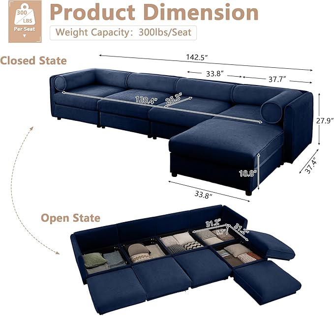 Oversized Modular Sectional Sofa 142.5 Chenille L-Shaped Sofa with Cylindrical Backrest &amp Armrest Modern Comfy 4-Seat Sofa with Ottoman Upholstered Deep Seat Couch for Living Room Blue