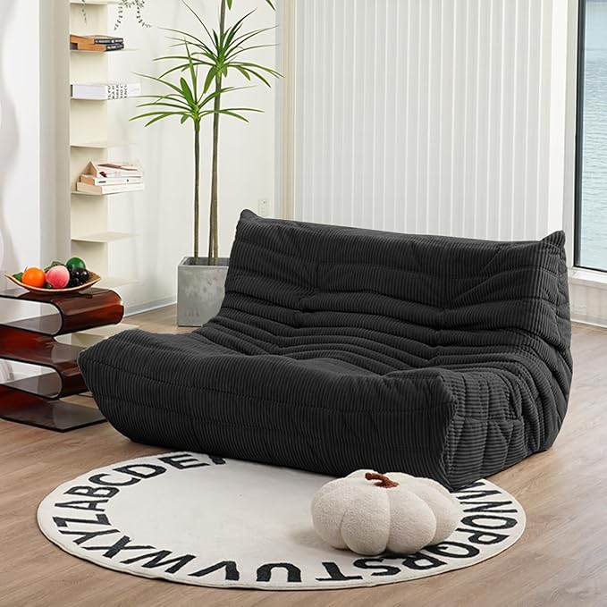 N&ampV Fireside Loveseat Mid Century Armless Twin Size Floor Sofa Soft Premium Corduroy Floor Lounge Chair Foam Sofa Accent Chair for Living Room Bedroom and Office Black