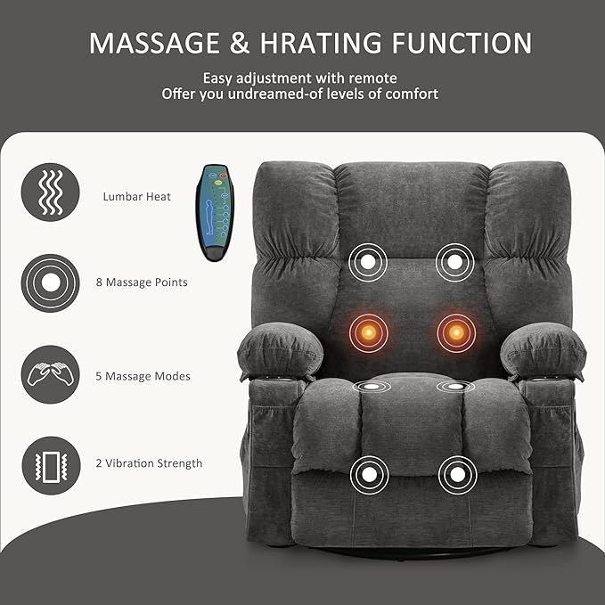 Fantasylab Recliner Chair with Vibration Massage &amp Lumbar Heating 360° Swivel Oversized Rocker Recliner with USB Charging Port Two Cup Holders &amp Side Pocket for Living Room