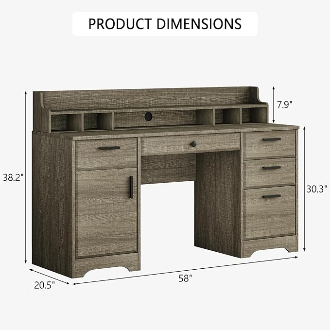 58 Inch Executive Desk with File Drawers Computer Desk with Storage Rustic Desk with Adjustable Shelves Office Desk with Hutch for Bedroom Grey