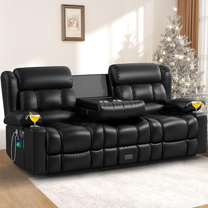 Loveseat Recliner Sofa 3 Seater Minimalist Style Reclining Loveseat with Flip Back Console USB Charge Ports Cup Holders Recliner Love Seat Couches for Living Room RV Black