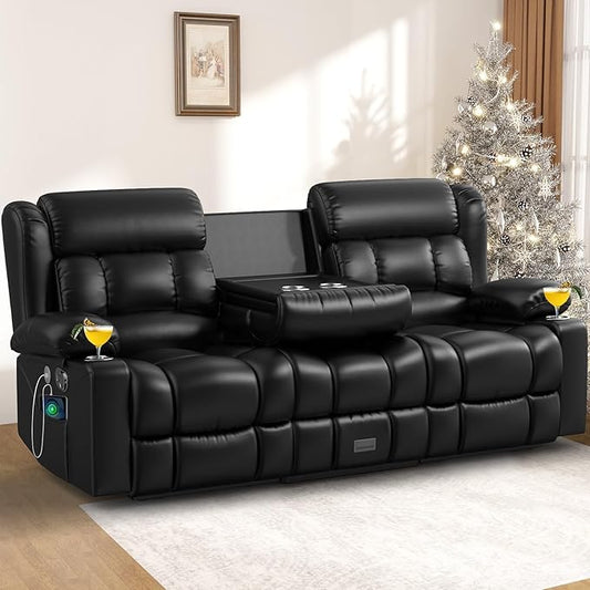 Loveseat Recliner Sofa 3 Seater Minimalist Style Reclining Loveseat with Flip Back Console USB Charge Ports Cup Holders Recliner Love Seat Couches for Living Room RV Black