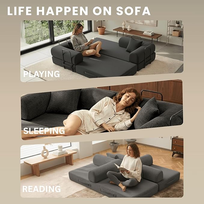 Alpen Boneless Couch Bed 4-in-1 Fold Out Couch Bed with L-Shaped Armrests Futon Chair Sleeper Sofa Mattress Fold Out Comfy Lounge for Living Room Bedroom Apartment Dark Grey