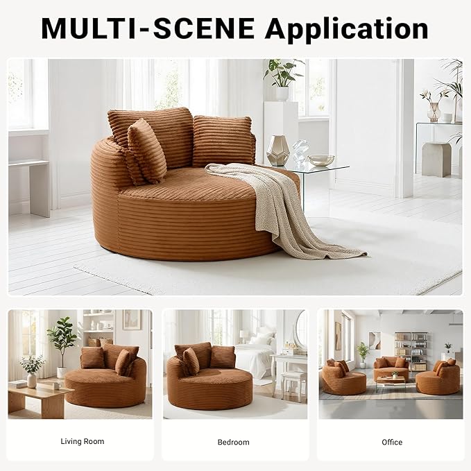 54-inch Oversized Round Chaise Longue Chair Indoor Modern Upholstered Corduroy Deep Seat Circle Cloud Chair Single Boneless Reading Chair for Living Room Bedroom Apartment Orange