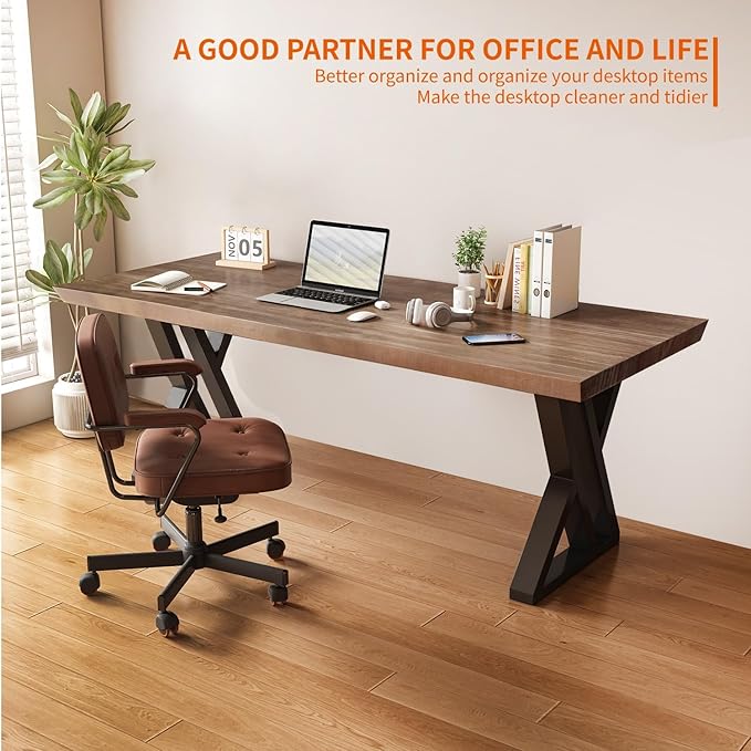Solid Wood Desk 47 InchHome Office Desk Butcher Block Studio Desk Rustic Brown Desk Heavy Duty Business Desk Office Furniture（Table Thickness:1.96 inches）