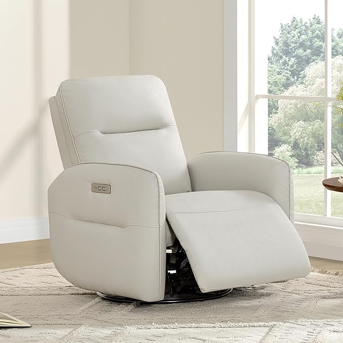 CHITA Faux Leather Power Recliner Chair Swivel Glider Recliner for Adults Nursery Rocking Chair with USB &amp Type-C Charging for Living Room Bedroom Creamy Grey