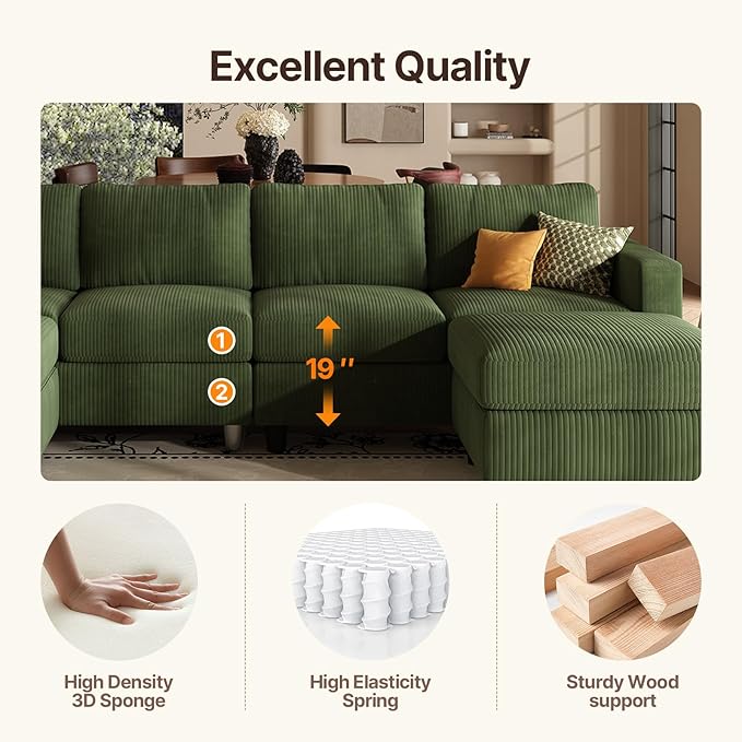 101 Inch Green Corduroy Sectional Sofa U Shaped Sectional Sofa with 2Ottomans 6 Seater Convertible Corduroy Sofa Comfortable Living Room Couch (Green 4 Seat with 2 Ottoman)