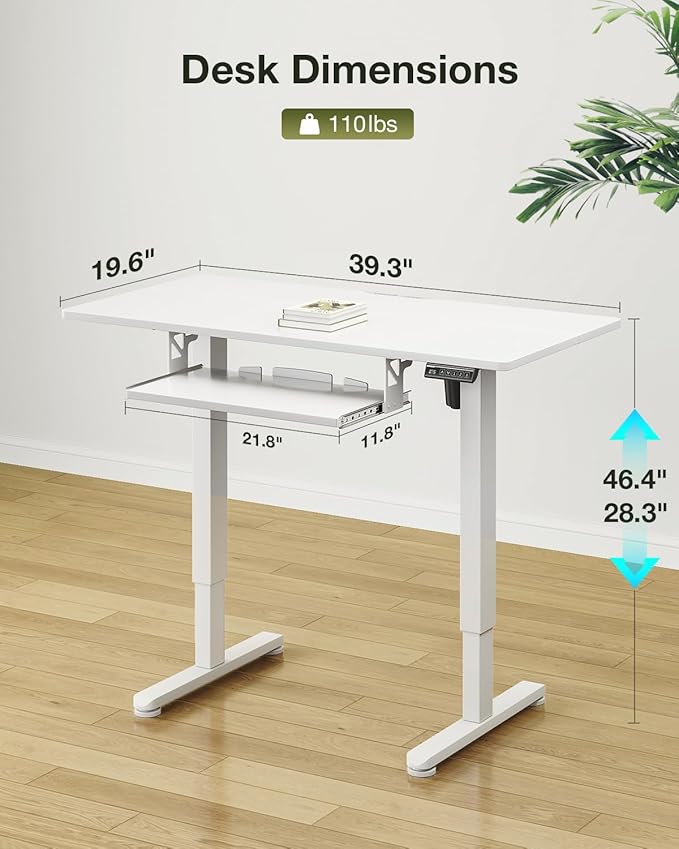 Casaottima Electric Standing Desk with Keyboard Tray 40 Inch Height Adjustable Small Table Sit Stand Table Writing Computer Desk for Home Office Workstation White