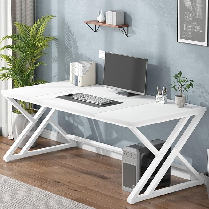 LVB White Long Computer Desk Modern Large Wood Metal Office Desk Farmhouse Pc Study Work Writing Desk for Two Person Rustic Double Workstation Executive Desk for Home Bedroom Living Room 70 Inch