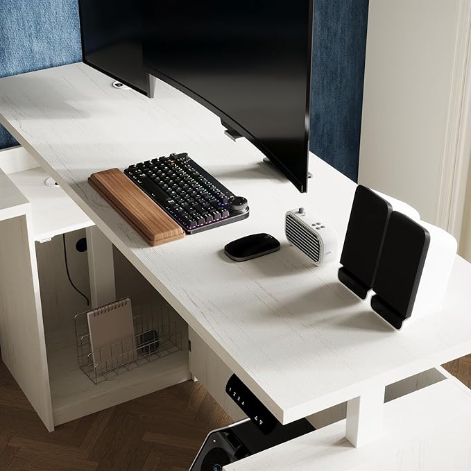 WOODTIME L Shaped Electric Standing Desk with Door &amp 3 Drawers Height Adjustable Home Office Computer Desk 63 L Stand up Corner Table Beige