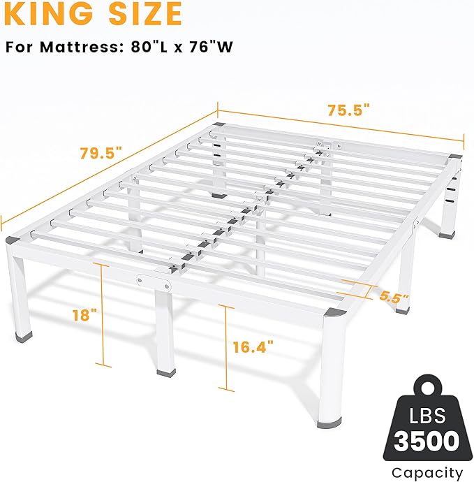 18 Inch King Size Metal Bed Frame with Round Corners Storage Space Under High Bed Frame-Heavy Duty Steel Slats Support Noise Free - Easy Assembly - No Box Spring NeededWhite