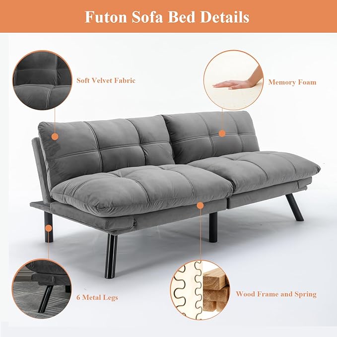 Anwick Futon Sofa Bed Velvet Convertible Futon Sleeper Couch 71 Sleeper Sofa Bed with Adjustable Backrest Modern Loveseat Couch for Compact Living Room Apartment Office (Grey)