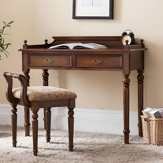 RUNNUP Mid-Century Desk with 2 Drawers 47.2 Wide Home Office Desk Workstation Solid Wood Computer Writing Study Desk for Small Space Bedroom Living Room Makeup Vanity Console Table