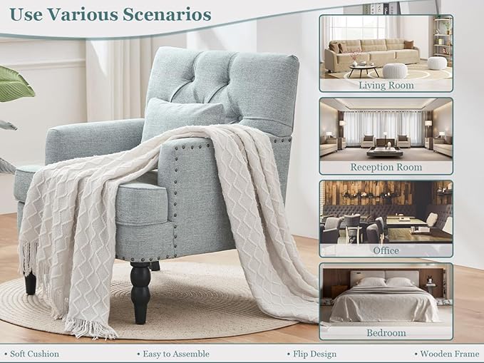 HUIMO Accent Chairs Set of 2 Living Room Chairs Tufted Club Chair Upholstered Armchair with Button Fabric Sofa Chairs for Bedroom Living Room Mid Century Modern Reading Chairs(2Light Blue)