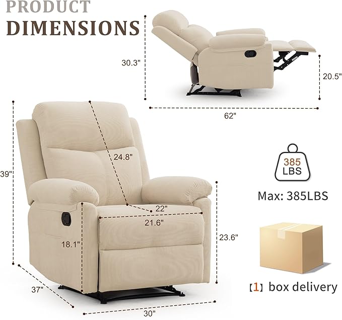 Recliner Chair Manual Recliner for Adults with Side Pocket Small Recliners for Small Spaces Adjustable Comfy Overstuffed Corduroy Reclining Chairs for Living Room Reading Bedroom Beige