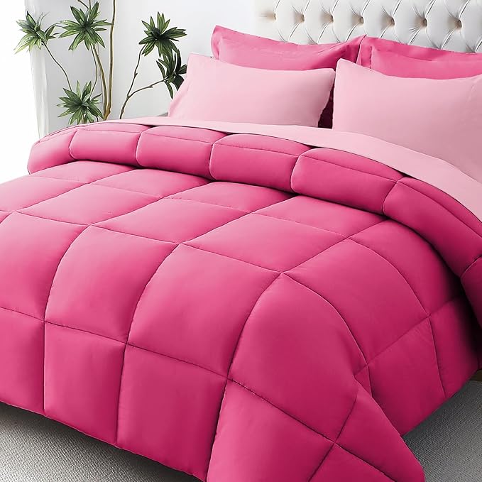 JOLLYVOGUE Twin Comforter Set Ultra-Soft Bed in a Bag Twin Size 5 Pieces Oeko-TEX Certified Bedding Set with Down Alternative Comforter Sheets Pillowcases &amp Shams Hot Pink &amp Baby Pink
