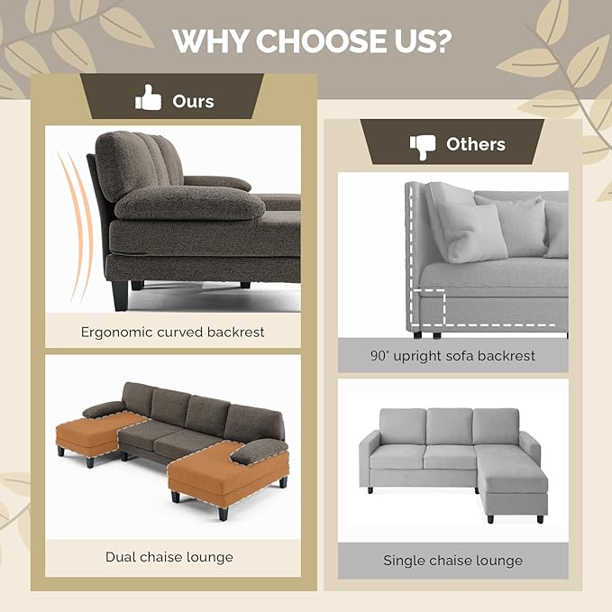 VINGLI 110' U-Shaped Sectional Couch with Two Chaise Affordable Small Sofa with 4 Seats Chenille Fabric Comfy Couches for Living Room Dark Brown