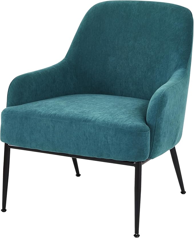 Modern Velvet Armchair with Channel Back Design Black Metal Legs and Soft Upholstery Comfortable Seating for Living Room Bedroom or Office Greenish Blue