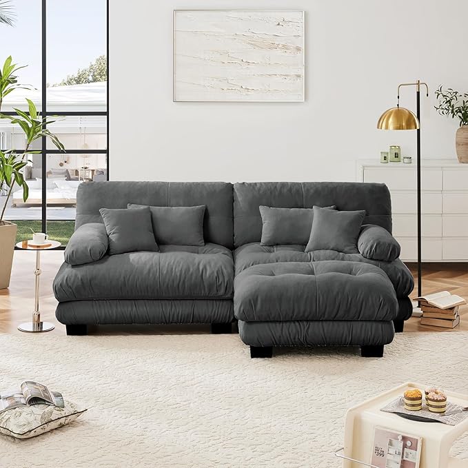 94.4 Loveseat Sofa 2 Seater Modular Sectional Sofa Grey Large L Shaped Sectional Fluffy Couch Chenille Cloud Couch with Ottoman Deep Seat Sofas for Living Room